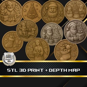 May include: A set of ten gold-colored metal ornaments featuring various Christmas themes, including a snowman, a Christmas tree, a reindeer, and Santa Claus. The ornaments are all round and have a raised design.