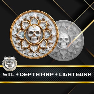 May include: A detailed, white and gold circular design featuring a skull at the center, surrounded by floral patterns. The design is accompanied by a grayscale version, and the text "STL + DEPTH MAP + LIGHTBURN" is displayed below.