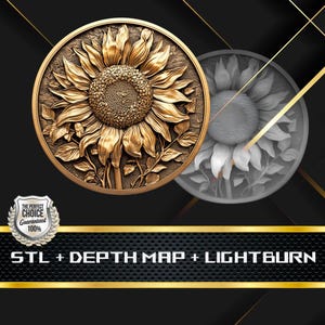 Münze Tiefe Karte | Höhenkarte | 3D Laser Gravur | Xtool | Stl-Datei | PNG-Datei | Graustufen | Lightburn BMP | Laserfaser | Sonnenblume Münze