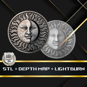 Münze Tiefe Karte | Höhenkarte | 3D Laser Gravur | Xtool | Stl-Datei | PNG-Datei | Graustufen | Lightburn BMP | Laserfaser | Mond Sonne