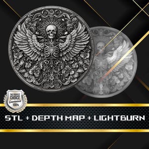 Münze Tiefe Karte | Höhenkarte | 3D Laser Gravur | Xtool | Stl-Datei | PNG-Datei | Graustufen | Lightburn BMP | Laserfaser | Engel des Todes Münze