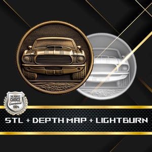 Dieptekaart munt | Hoogtekaart | 3D-lasergravure | Glowforge | STL-bestand | PNG-bestand | Grijswaarden | Lightburn BMP | CNC-munt | Muscle Car-muntstuk