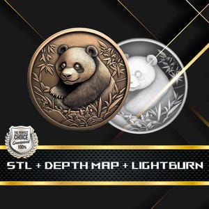 Dieptekaart munt | Hoogtekaart | 3D-lasergravure | STL-bestand | PNG-bestand | Grijswaarden | Lightburn BMP | CNC-munt | Pandamunt