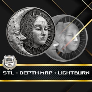 Münze Tiefe Karte | Höhenkarte | 3D Laser Gravur | Xtool | Stl-Datei | PNG-Datei | Graustufen | Lightburn BMP | Laserfaser | Sonne Mond Münze