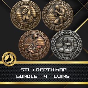 May include: Four detailed coins with patriotic themes. One coin features a hand holding dog tags, another a kneeling soldier, a third a memorial, and the last combat boots. The coins are bronze and silver with the words "America", "Veteran", "Honor", and "Courage".