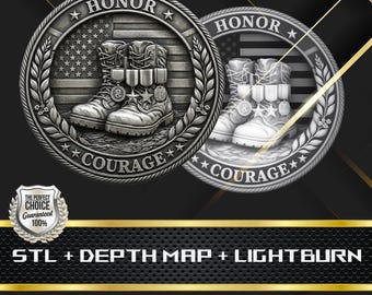 Coin Depth Map | 3D Laser Engrave | Stl file | PNG file | Grayscale | Lightburn BMP | Laser Fiber | Military Boots Veteran Coin