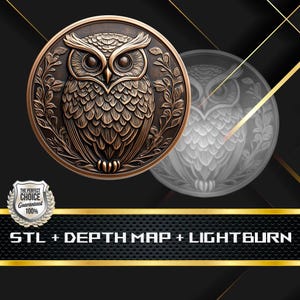 May include: A 3D printed owl design with a detailed, textured surface. The owl is rendered in a copper color and is surrounded by a floral design. The image also includes a depth map of the owl, which is a grayscale image that shows the depth of the owl's features. The text "STL + DEPTH MAP + LIGHTBURN" is displayed at the bottom of the image.