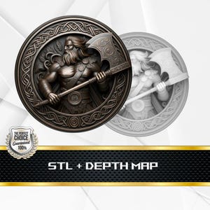 May include: A bronze-colored, circular relief sculpture of a muscular warrior holding an axe, surrounded by Celtic knotwork. A lighter, grayscale version of the sculpture is visible behind it. The text "STL + DEPTH MAP" is displayed on a black background.