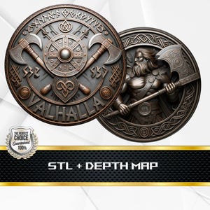May include: Two circular, bronze-toned Viking-themed designs. One features crossed axes, a shield, and the word "VALHALLA." The other depicts a Viking warrior with an axe. The image includes the text "STL + DEPTH MAP."