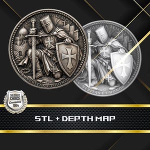 May include: Two silver-colored coins featuring a detailed relief of a knight in armor, holding a sword and shield with a cross. The coins have the inscriptions "IN GLORIA TEMPLI" and "VERITAS ET HONOR". The bottom of the image reads "STL + DEPTH MAP".