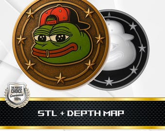 May include: Two round, bronze-colored coins. One coin features a green frog wearing a red baseball cap, surrounded by gold stars. The second coin is black and white with a cartoon character. The text "STL + DEPTH MAP" is at the bottom.