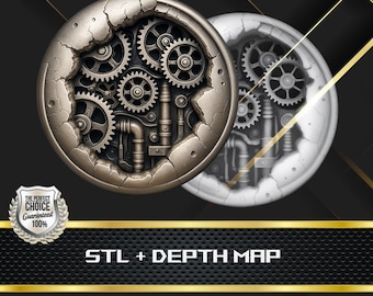 May include: Two circular steampunk-style designs with exposed gears and mechanical components. The designs are in shades of gray and bronze, with a cracked, aged appearance. The text "STL + DEPTH MAP" is displayed below the designs.