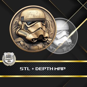 May include: A gold-colored coin featuring a detailed relief of a Stormtrooper helmet from Star Wars. A second, lighter image of the helmet is visible to the right. The text "STL + DEPTH MAP" is at the bottom.