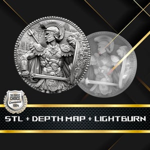 May include: A detailed silver-colored coin featuring a Roman soldier in full armor, holding a spear and sword. The coin has a detailed relief design with a shield and a forest background. The text "STL + DEPTH MAP + LIGHTBURN" is displayed at the bottom.