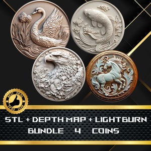 Pacchetto 4 Mappa profondità moneta / Mappa altezza / Incisione laser 3D / Xtool / Glowforge / File Stl / File PNG / Lightburn BMP / Moneta CNC / Fauna selvatica