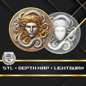 Dieptekaart Medusa-munten | Hoogtekaart | 3D-lasergravure | Xtool | Glowforge | STL-bestand | PNG-bestand | Lightburn BMP | CNC-munt: