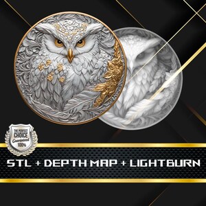 May include: A detailed, circular design featuring a white owl with gold accents. The owl has bright yellow eyes and is surrounded by intricate feather and floral patterns. The design is set against a black background with gold lines and the text "STL + DEPTH MAP + LIGHTBURN".