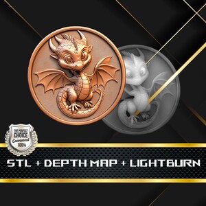 ベビードラゴンコインの深さマップとSTLファイル、レーザー彫刻CNC用の3Dレリーフ