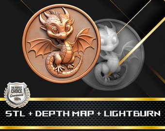 Mappa di profondità e file STL della moneta Baby Dragon, rilievo 3D per incisione laser CNC