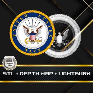 May include: A digital 3D model of the United States Navy seal. The seal is in a gold and blue color scheme with a white eagle and anchor. The text "United States Navy" is written around the seal. The seal is on a black background with gold and white lines.