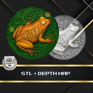 Pode incluir: Dois designs circulares com uma ilustração de sapo. Um é dourado com o número "420" em um fundo verde com detalhes florais. O outro é prateado com o número "20" em um fundo cinza com detalhes florais. O texto "STL + DEPTH MAP" está na parte inferior.