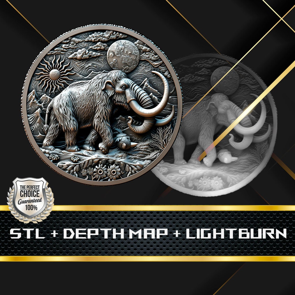 Wooly Mammoth Coin Depth Map and  STL File, 3D Relief for Laser Engraving CNC