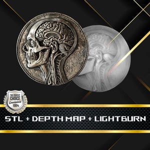 Puede incluir: Un diseño circular detallado en tonos plateados que presenta un perfil de cráneo humano con cerebro y anatomía del cuello expuestos. A la derecha se ve una imagen translúcida y más clara del cerebro. El texto "STL + DEPTH MAP + LIGHTBURN" está en la parte inferior.