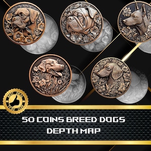 50 races florales de chiens | Carte de profondeur de pièce | Hauteur : carte | Gravure laser 3D | Outil X | Fichier PNG | Niveaux de gris | Coup de foudre BMP | Pièce de monnaie CNC