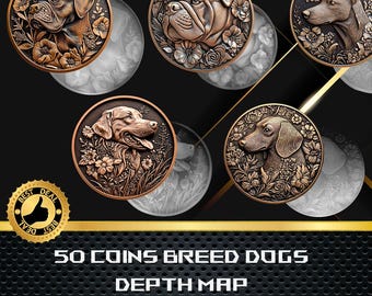 50 Floral Dog Breeds | Coin Depth Map | Heigh Map | 3D Laser Engrave | Xtool | PNG file | Grayscale | Lightburn BMP | CNC Coin
