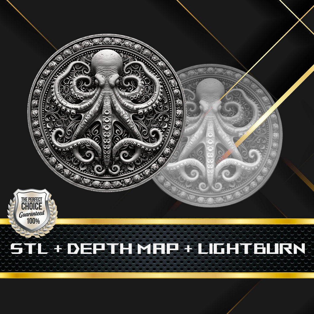 Octopus Coin Depth Map and STL File, 3D Relief for Laser Engraving CNC ...