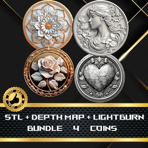 Bündel 4 Münzen Landkarte | Höhenkarte | 3D Laser Gravur | Xtool | Glühschmiede | Stl-Datei | PNG-Datei | Lightburn BMP | CNC Münze | Gemischt