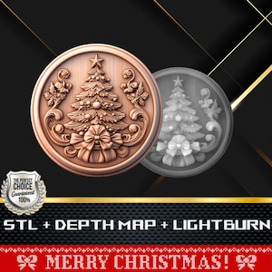 Dieptekaart munt | Hoogtekaart | 3D-lasergravure | Xtool | Glowforge | STL-bestand | PNG-bestand | Lightburn BMP | CNC-munt | Kerstboom