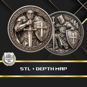 Op de afbeelding: Twee zilverkleurige munten met gedetailleerde afbeeldingen van middeleeuwse ridders. Eén munt toont een ridder met een zwaard en schild, met de tekst "CRUSADER'S VOW HONOR & SACRIFICE". De andere toont een knielende ridder met de tekst "GLORIA TEMPLI VERITAS ET HONOR".