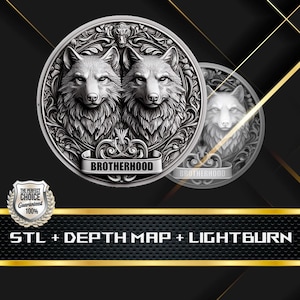 Dieptekaart munt | Hoogtekaart | 3D-lasergravure | EDC-munt | STL-bestand | PNG-bestand | Grijswaarden | Lightburn BMP | Broederschapswolfmunt