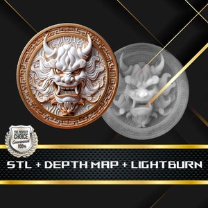 Oni Mask Coin Depth Map: 3D Embossing Laser Engrave STL and Heigth Map files for Laser Fiber