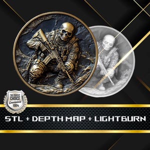 Soldier Skull Suit Coin Depth Map and  STL File, 3D Relief for Laser Engraving CNC
