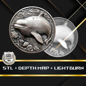 Münze Tiefe Karte | Höhenkarte | 3D Laser Gravur | Xtool | Stl-Datei | PNG-Datei | Graustufen | Lightburn BMP | Laserfaser | Beluga-Wal als Münze