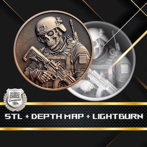 May include: A bronze-colored medallion featuring a detailed illustration of a soldier with a skull face, wearing a helmet and tactical gear, holding a rifle. The text "STL + DEPTH MAP + LIGHTBURN" is displayed below the medallion.