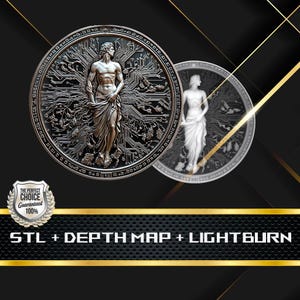May include: Two silver-colored, circular medallions with a classical male figure. The medallions have a circuit board design in the background. The text "STL + DEPTH MAP + LIGHTBURN" is at the bottom, with a badge that says "THE PERFECT CHOICE GUARANTEED 100%."
