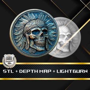 Pode incluir: Um modelo impresso em 3D de um crânio usando um cocar com penas. O modelo está em um esquema de cores azul e dourado. O texto "STL + DEPTH MAP + LIGHTBURN" é exibido abaixo do modelo.