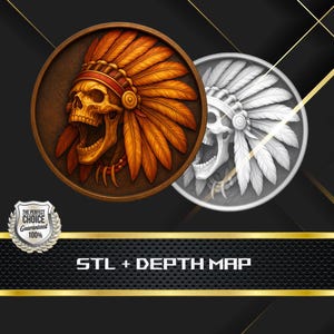 Native Skull Coin Depth Map and  STL File, 3D Relief for Laser Engraving CNC