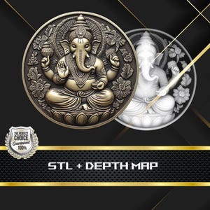 May include: A detailed bronze-colored relief sculpture of the Hindu deity Ganesha, seated in a lotus position, surrounded by floral elements. A second, white, translucent rendering of the same image is visible. The text "STL + DEPTH MAP" is displayed below the images.