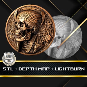 May include: A bronze-colored coin featuring a detailed skull with winged elements and hieroglyphic inscriptions. A second, grayscale coin is visible in the background. The text "STL + DEPTH MAP + LIGHTBURN" is displayed below the coins.