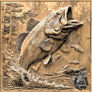 May include: A detailed wood carving of a largemouth bass leaping out of the water. The fish is carved in a realistic style, with its mouth open and its fins spread out. The carving is set against a background of trees and water, and it is signed "Zen of Engraving" in the bottom right corner.