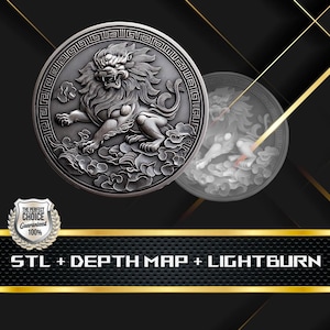 Münze Tiefe Karte | Höhenkarte | 3D Laser Gravur | Xtool | Stl-Datei | PNG-Datei | Graustufen | Lightburn BMP | Laserfaser | Chinesische Löwen Münze