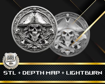 Pirate Coin Depth Map and STL File, 3D Relief for Laser Engraving CNC