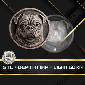 Münze Tiefe Karte | Höhenkarte | 3D Laser Gravur | Xtool | Stl-Datei | PNG-Datei | Graustufen | Lightburn BMP | Laserfaser | Mops Münze