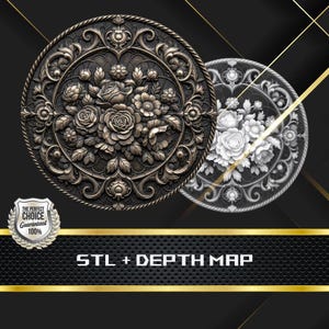 Puede incluir: Dos paneles decorativos circulares ornamentados. Uno es de color bronce con un diseño floral en relieve, que incluye rosas y otras flores. El otro es una versión en escala de grises del mismo diseño. El texto "STL + DEPTH MAP" está en la parte inferior.