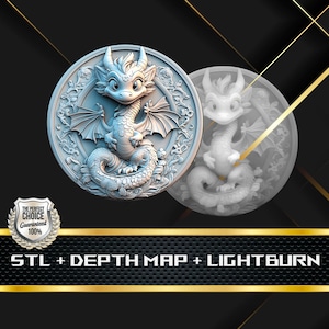Coin Depth Map | Heigh Map | 3D Laser Engrave | Xtool | Stl file | PNG file | Grayscale | Lightburn BMP | Laser Fiber | Cute Dragon Coin