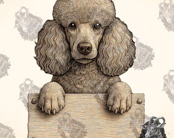 Könnte beinhalten: Ein brauner und weißer Pudel mit lockigem Fell hält ein leeres Holzschild. Der Hund schaut mit ernstem Gesichtsausdruck in die Kamera.